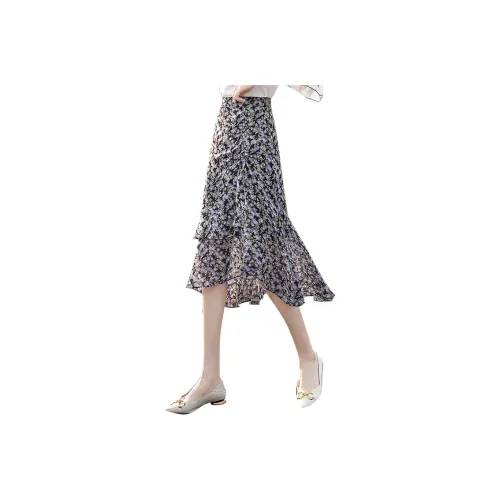 Cypress House Повседневный Длинный Юбка Женские Черный с Фиолетовым Цветочный