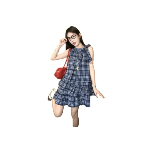 Mu Xiao Xin Без рукавов Платье Женское Клетка Синий