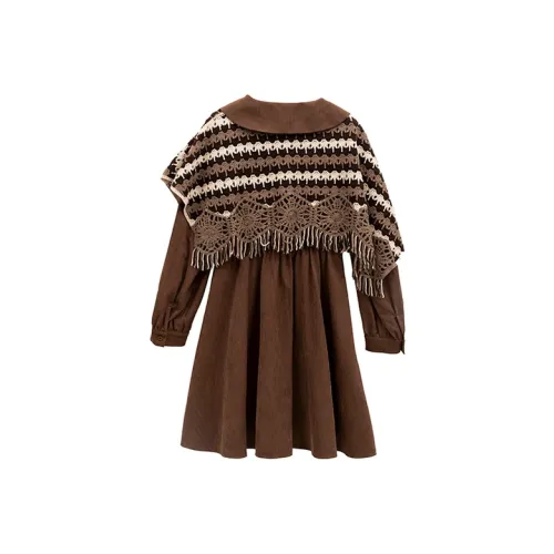 Pit Длинный рукав Платье Женское Светло-Кофейное