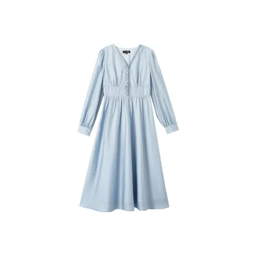 OUNIXUE Длинное платье с длинными рукавами женское серо-синий