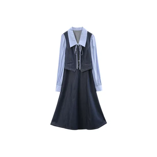 A Paradise For Awakening Длинное платье с длинными рукавами женское джинсовый синий