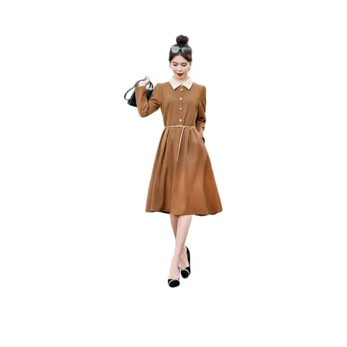 Aoaifu Весенний Осенний Длинный Рукав Платье Женское Стиль Майярд Цвет Хаки