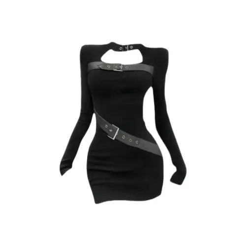 Giyu Длинный рукав Платье Женское Черное