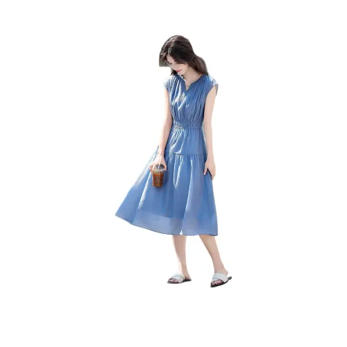 Still Quiet Без рукавов Платье Женское Синее