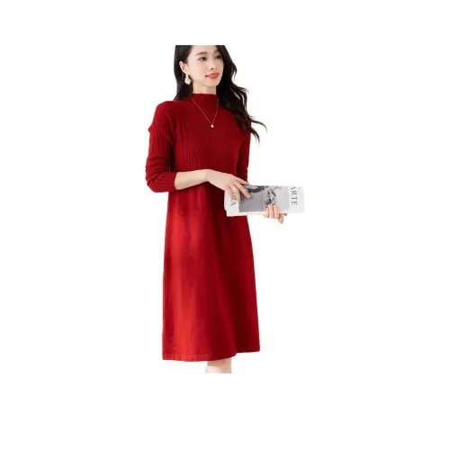 X MOOM Длинное платье с длинными рукавами женское бордового цвета