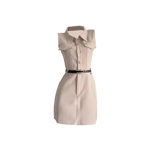 KKX Без рукавов Платье Женское Молочный Кофейный + Ремень