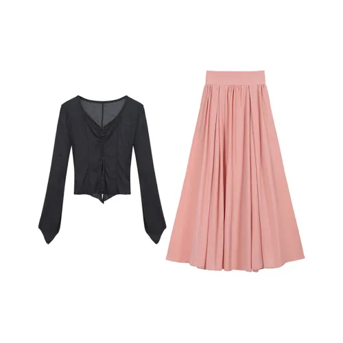 PZGE Комплект с юбкой Женская Серый топ + Оранжево-розовая юбка