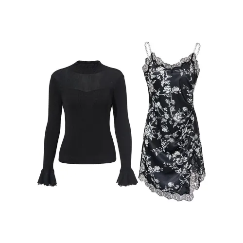 BADINA Комплект с юбкой Женские Черный с белыми цветами