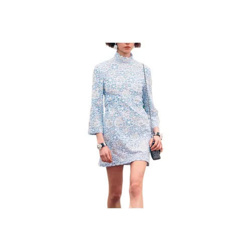 CHANEL 25C Длинное Платье с Длинными Рукавами Женское Светло-Синий