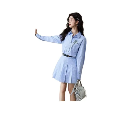 MISHOW Длинное платье с длинными рукавами женское синий узор в полосы