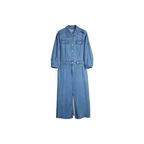 ELLE Длинное платье с длинными рукавами женское синее