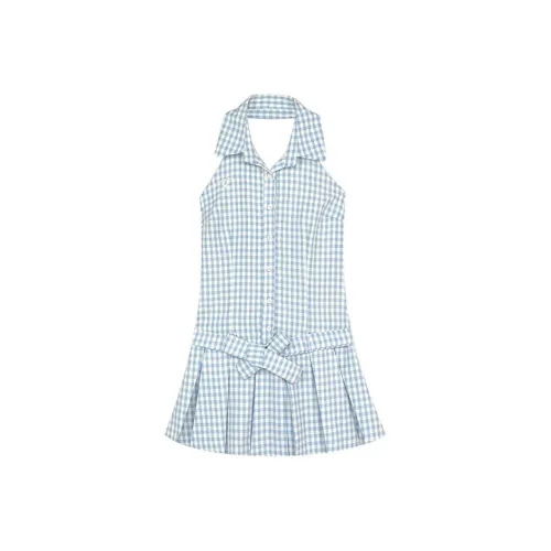 MO VOICE Без рукавов Платье Женское Синие Клетка Халтер Платье