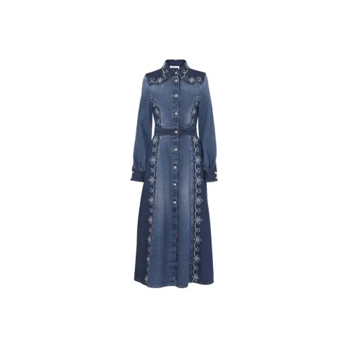 Chloe Вышитое Деним Платье-рубашка Длинное Рукав Длинное Женское Синие