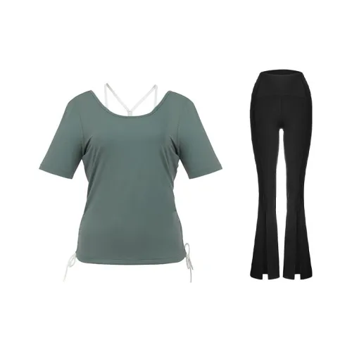 Sumday Athletics Набор Серо-зеленая рубашка T + Черные брюки Женские фитнес-комплекты