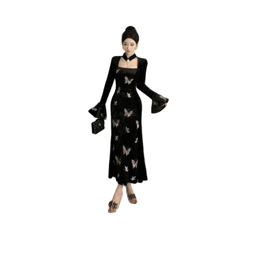 Icicofficial Длинное платье с длинными рукавами женское черное с бабочкой платье