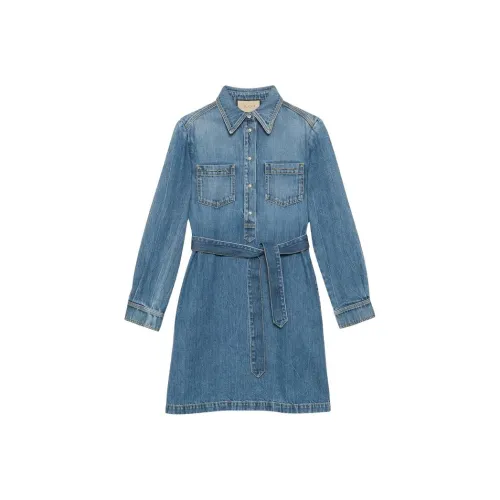 GUCCI Organic Джинсовое платье с застежкой Horsebit длинный рукав женское синий
