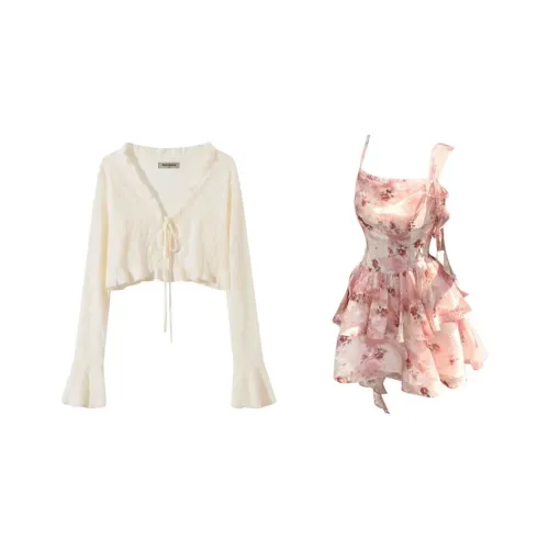 PUREIDOL Длинное платье с длинными рукавами женское розовое [Кардиган + Платье-камзол]