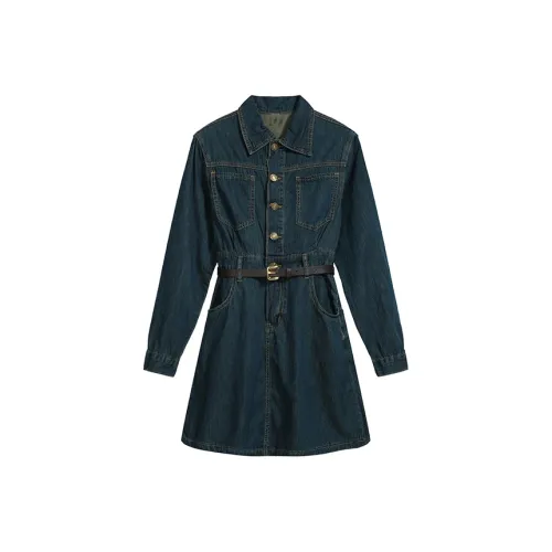 AHDO Длинное платье с длинными рукавами женское синее укороченное