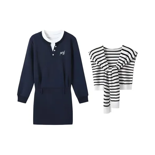 MO VOICE Длинное платье с длинными рукавами женское темно-синий с поясом + полосатой шаль