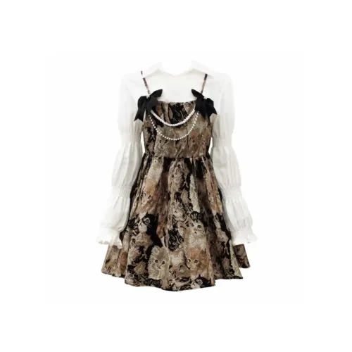 Lookinto Длинный рукав Платье Женское Белое Рубашка + Многоцветное Платье-камзол