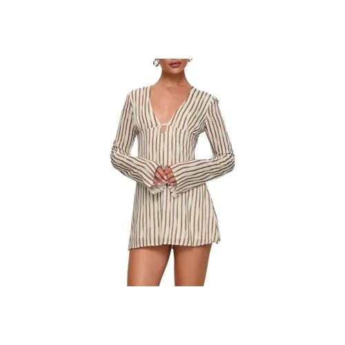 PRINCESS POLLY The GOOD Жизнь Мини Платье Длинный Рукав Платье Женское Белое Коричневый Белый Коричневый