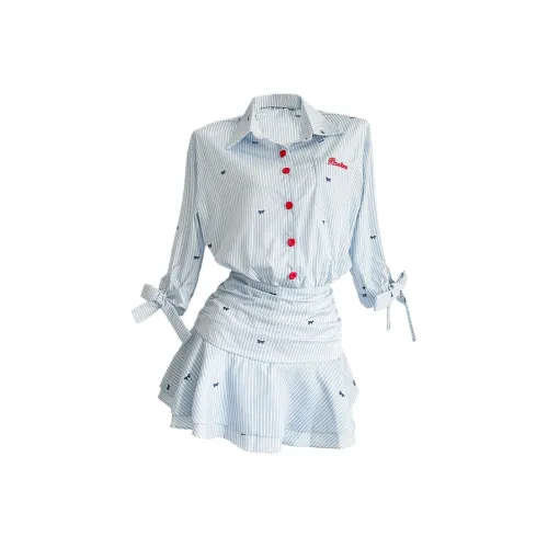 Icicofficial Длинное платье с длинными рукавами женское синие полосы