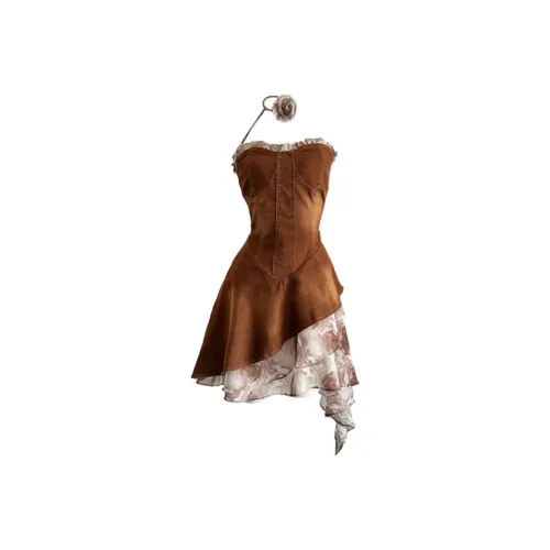 PZGE Без рукавов Платье Женское Коричневое