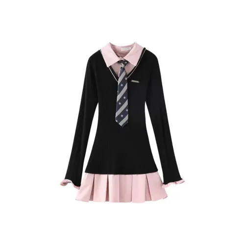 Lookinto Длинное платье с длинными рукавами женское черное