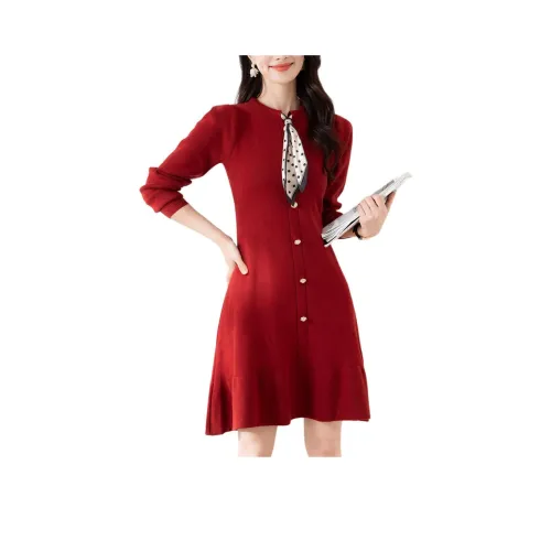 X MOOM Длинное платье с длинными рукавами женское бордового цвета