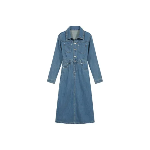 ETSE Длинное платье с длинными рукавами женское синее