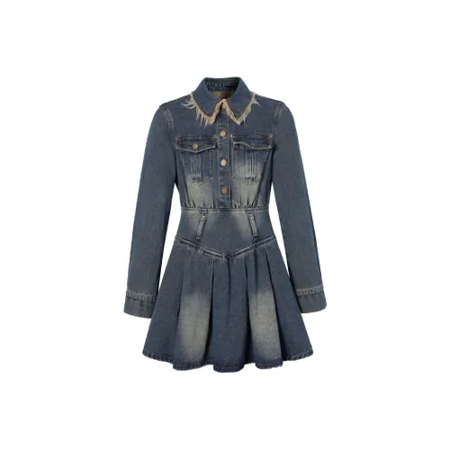 LA CRAWFISH Плиссированное Длинное Платье с Длинными Рукавами Женское Винтажное Вымытое Синий