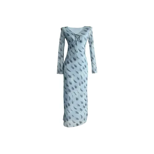 PLANE DRIFT Длинное платье с длинными рукавами женское мятного цвета с принтом