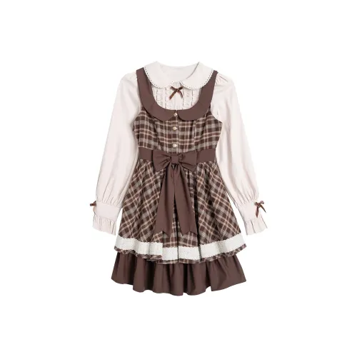 LALAJK Каштановый Торт Стиль Майярд Винтаж Клетчатый Сарафан Рубашка Комплект с Юбкой Женские