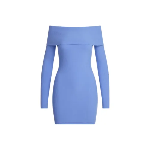 SKIMS SS25 Мягкий Lounge Off The Shoulder Мини Платье Длинное Платье с Рукавами Женское CIELO Xilo Синий