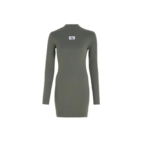 CALVIN KLEIN Длинное платье с длинными рукавами женское серо-оливкового цвета