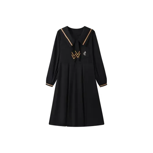 GULIANFEI Длинное платье с длинными рукавами женское черное