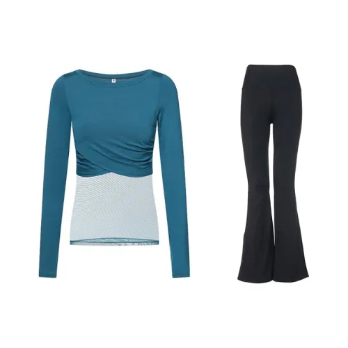 Sumday Athletics Набор Озерно-голубая T Рубашка + Черные Спортивные Брюки Женские Фитнес-комплекты