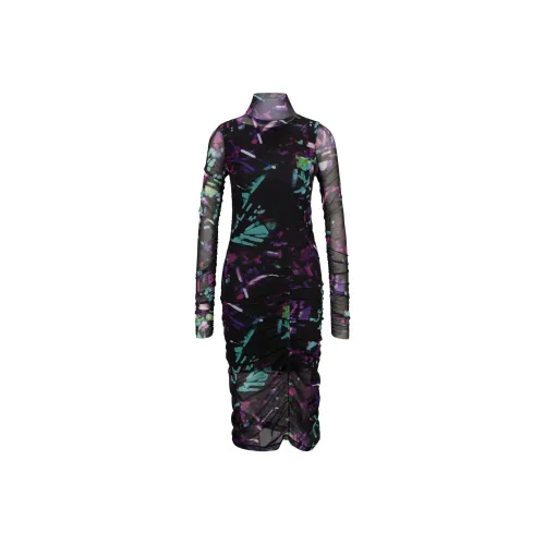 Hugo Boss Платье с высоким воротником принтованный тюль с деталями в складку длинные рукава женское многоцветное