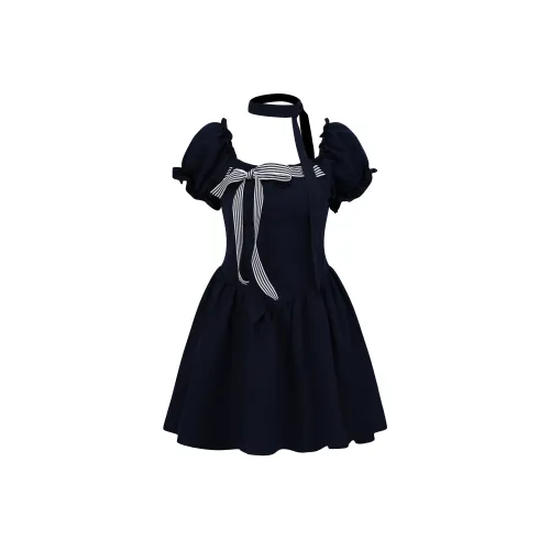 FIAWANG Короткий рукав Платье Женское Темно-синий