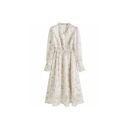 Длинное платье с длинными рукавами женское коричневое с принтом