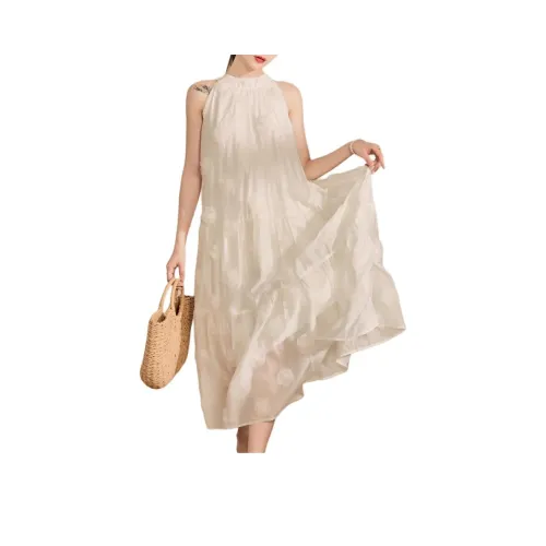 QIAOYUHUAZUN Без рукавов Платье Женское Экрю