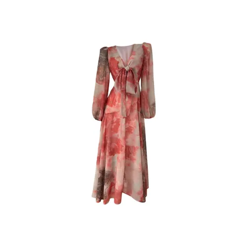 ONE PASS STUDIO Длинное платье с длинными рукавами женское красное