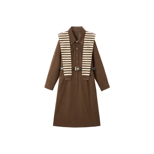 PEACEBIRD Длинное платье с длинными рукавами женское каштанового цвета