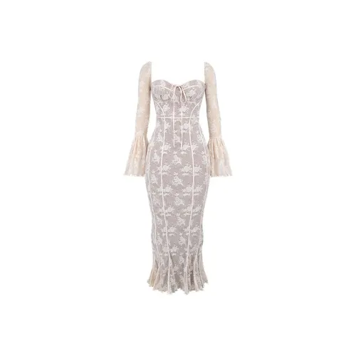 HOUSE OF CB Длинное платье с длинными рукавами женское кремовое