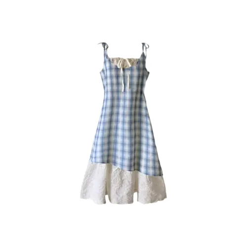 Vine Color Синий Клетчатое Платье Женское Слип-платье