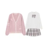 Розовый свитер + длинно-рукавная рубашка + винтажная юбка в клетку + галстук-бабочка