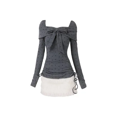 XIAOJUCHUANLI Длинное платье с длинными рукавами женское серого цвета