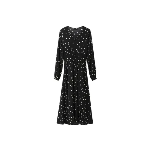 NINE WEST Длинное платье с длинными рукавами женское черное с белыми точками