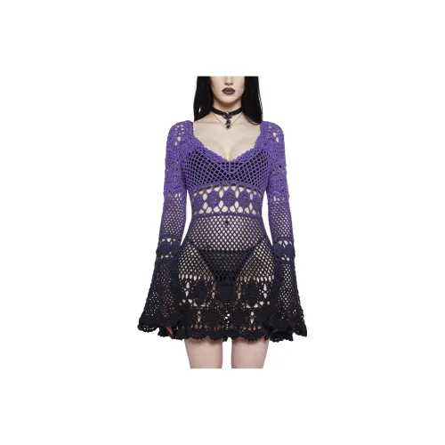 Dolls Kill Widow Bottled Appetites Crochet Платье Длинное с длинными рукавами Женское Фиолетовое Фиолетовое