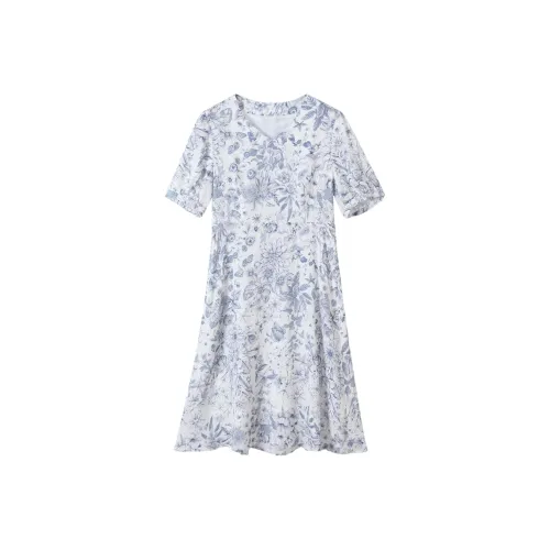 H YXIANG Короткое платье с короткими рукавами женское цветочный узор синий